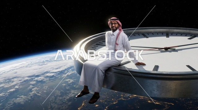 رجل سعودي يجلس على ساعة ضخمة في الفضاء الخارجي