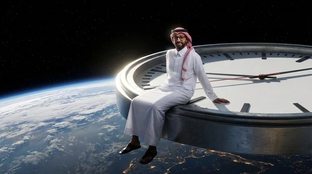 رجل سعودي يجلس على ساعة ضخمة في الفضاء الخارجي