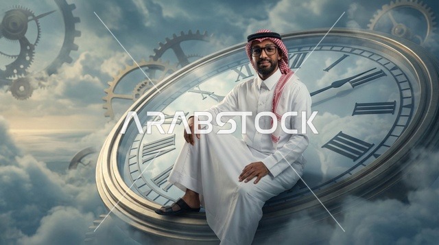 رجل سعودي يجلس على ساعة ضخمة مع التروس والسحب