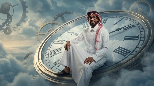 رجل سعودي يجلس على ساعة ضخمة مع التروس والسحب
