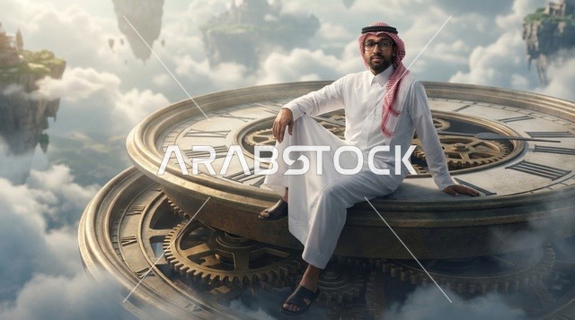 A Saudi man sitting on a giant clock above the clouds.