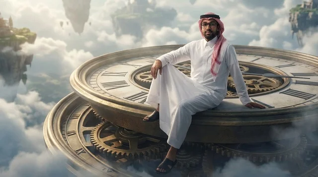 A Saudi man sitting on a giant clock above the clouds.