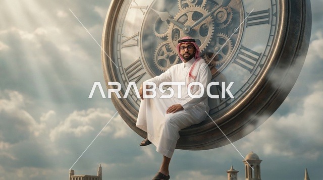 رجل سعودي يجلس على ساعة ضخمة في سماء غائمة