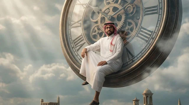 Saudi Man Sitting on Giant Clock in Cloudy Sky