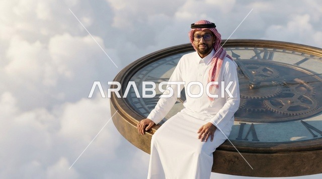 رجل سعودي يجلس على ساعة ضخمة وسط السحاب