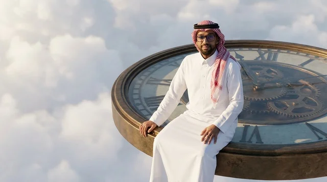 Saudi Man Sitting on Giant Clock in Sky and Clouds