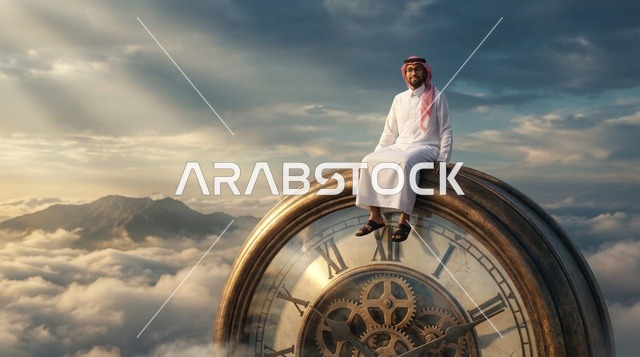 رجل سعودي يرتدي الثوب يجلس على ساعة ضخمة فوق السحاب