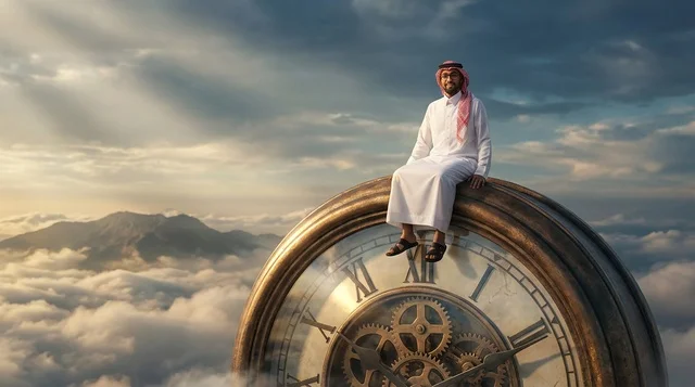 Saudi Man Sitting on Giant Vintage Clock Above Clouds