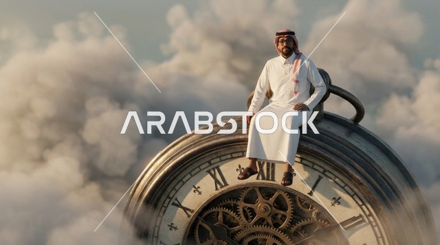 رجل سعودي على ساعة جيب عملاقة بين السحب