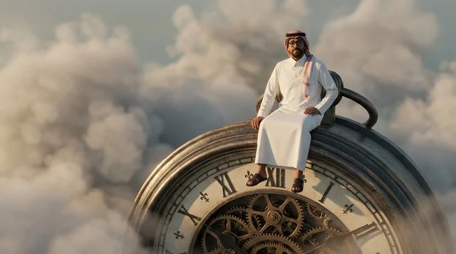 Saudi Man on Giant Pocket Watch in Clouds