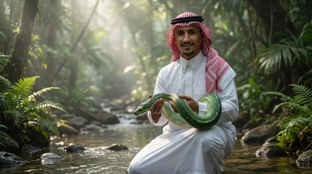 رجل سعودي يحمل ثعبان أخضر في غابة استوائية