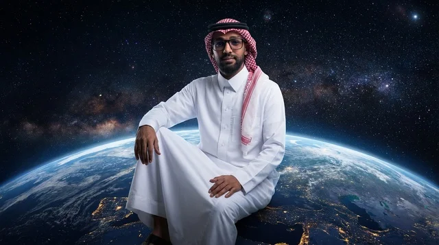 Saudi Man Wearing Traditional Thobe in Outer Space Concept