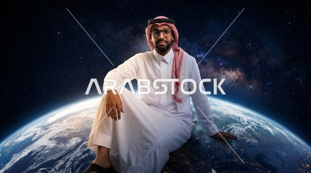 رجل سعودي يجلس على كوكب الأرض في الفضاء