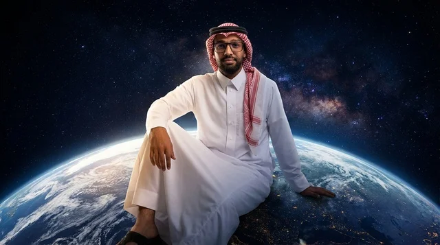 Saudi Man Sitting on Planet Earth in Space