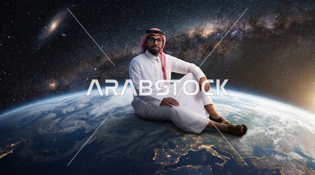 رجل سعودي يجلس على كوكب الأرض في الفضاء