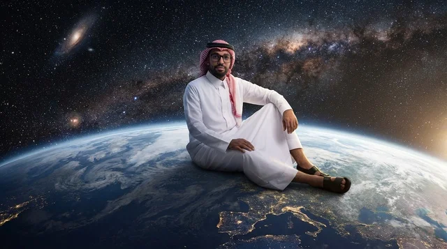 رجل سعودي يجلس على كوكب الأرض في الفضاء