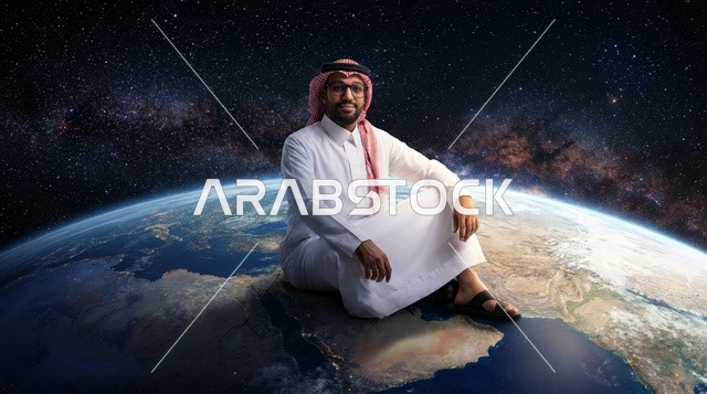 رجل سعودي يجلس على كوكب الأرض في الفضاء