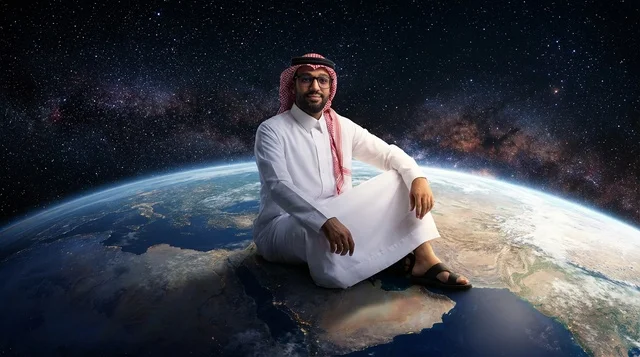 A Saudi man is sitting on planet Earth in space.