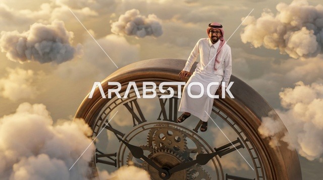 رجل سعودي يجلس على ساعة ضخمة وسط الغيوم