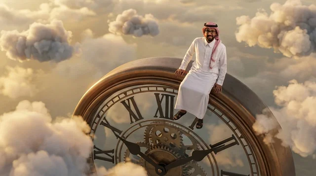 Saudi Man Sitting on Giant Clock in the Clouds
