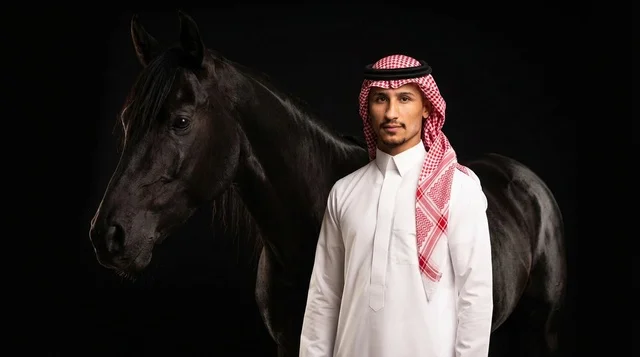 رجل سعودي مع خيل عربي في بورتريه استوديو