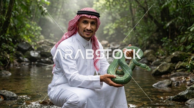 رجل سعودي يمسك ثعباناً أخضر في غابة استوائية