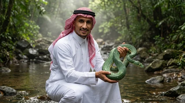 Saudi Man Holding Green Snake in Tropical Forest