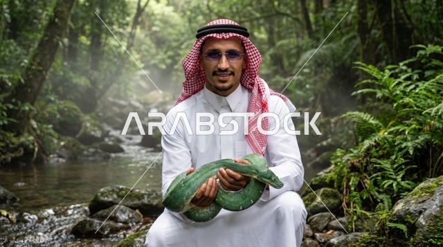 رجل سعودي يمسك ثعباناً أخضر في غابة استوائية