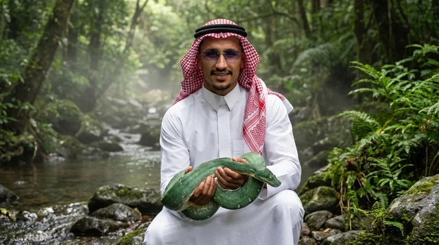 رجل سعودي يمسك ثعباناً أخضر في غابة استوائية