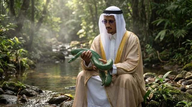 رجل سعودي بالزي التقليدي يمسك ثعبان في الغابة