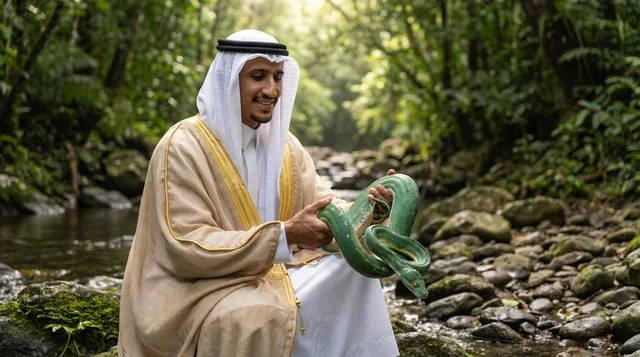 Saudi Man in Traditional Dress Holding Snake in Forest