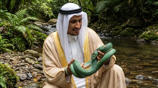 Saudi Man Holding Green Snake in Tropical Forest