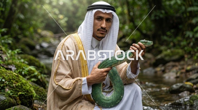 رجل سعودي يرتدي البشت يمسك ثعبان في غابة استوائية