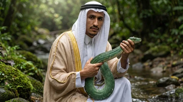 رجل سعودي يرتدي البشت يمسك ثعبان في غابة استوائية