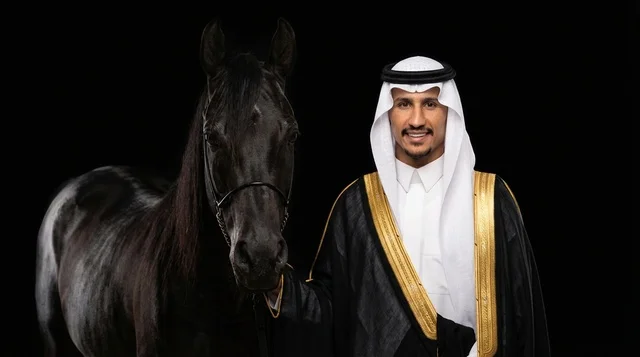 Saudi Man with Arabian Horse in Traditional Bisht