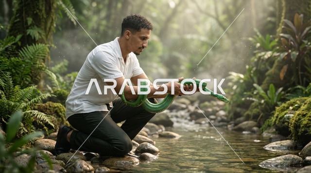 رجل عربي يمسك ثعبان أخضر في غابة استوائية