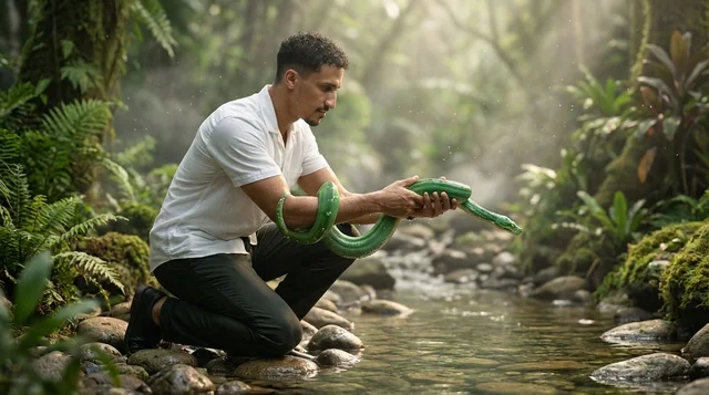Arab Man Holding Green Snake in Tropical Jungle