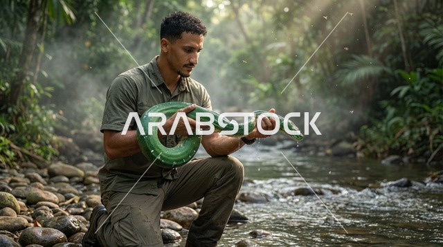 Arab Explorer Holding Green Snake in Jungle