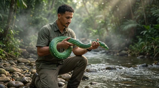 Arab Explorer Holding Green Snake in Jungle