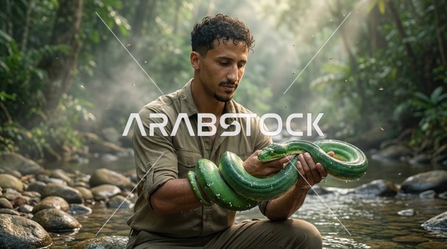 رجل عربي يمسك ثعبان أخضر في غابة استوائية