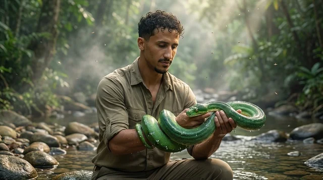 Arab Man Holding Green Snake in Jungle Stream