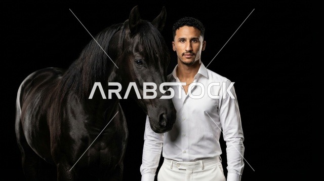 رجل عربي مع خيل أسود في الاستوديو