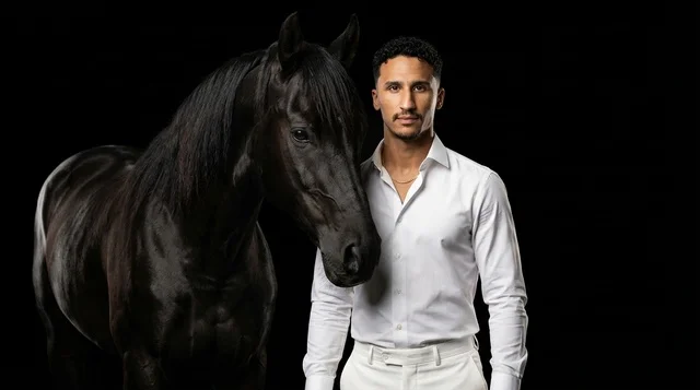 Middle Eastern Man with Black Horse in Studio