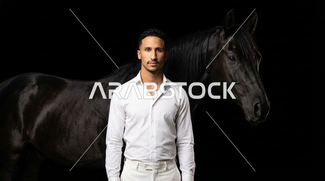 Middle Eastern Man with Black Horse Studio Portrait