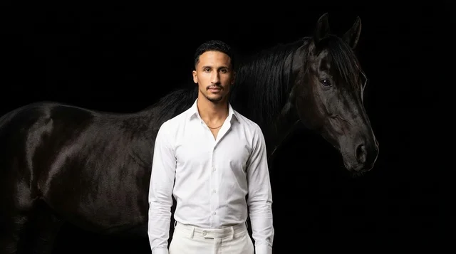Middle Eastern Man with Black Horse Studio Portrait