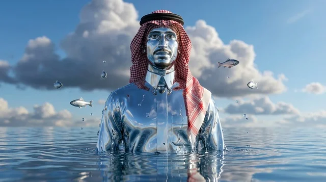 رجل سعودي معدني سريالي في الماء مع أسماك طائرة