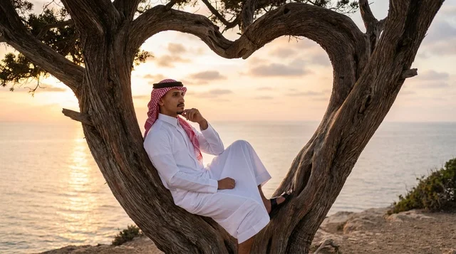 Saudi Man in Heart Shaped Tree Overlooking Sea at Sunset Saudi Man in Heart Shaped Tree Overlooking Sea at Sunset
