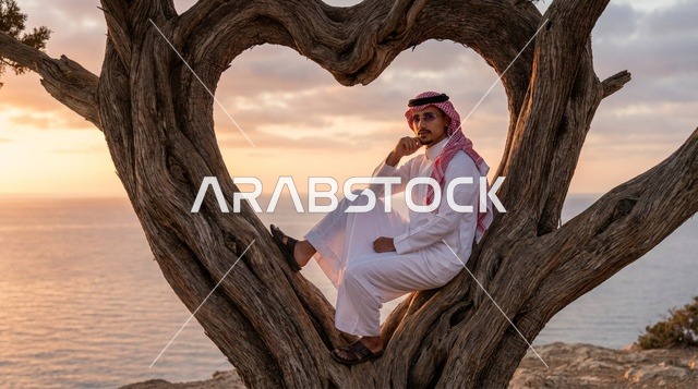 رجل سعودي داخل شجرة على شكل قلب وقت الغروب