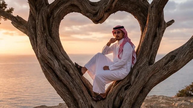 رجل سعودي داخل شجرة على شكل قلب وقت الغروب
