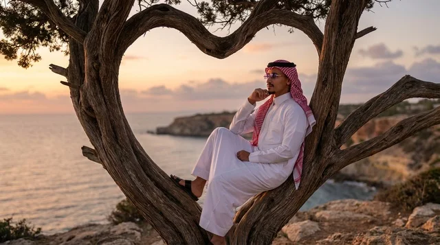 رجل سعودي على شجرة بشكل قلب وقت الغروب